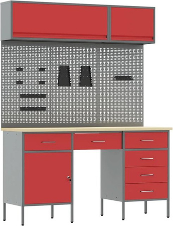 vidaXL Werkbank mit 8 Schubladen und Pegboard aus Holz und Stahl in Rot, B: 200 cm, H: 150 cm, T: 55 cm