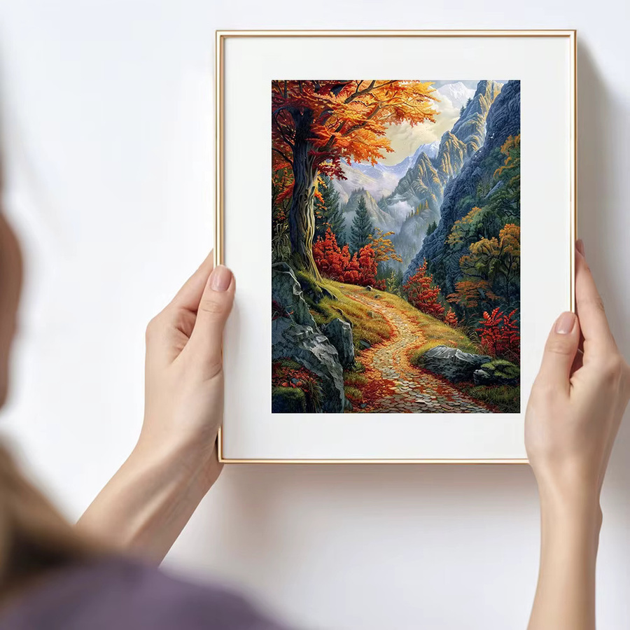 Huacan Diamantmalerei Landschaft Herbst Berg Baum als dekoratives Mosaik-Gemälde mit Rundbohrern, Mehrfarbig, B: 30,0 cm, H: 20,0 cm - Bild 3