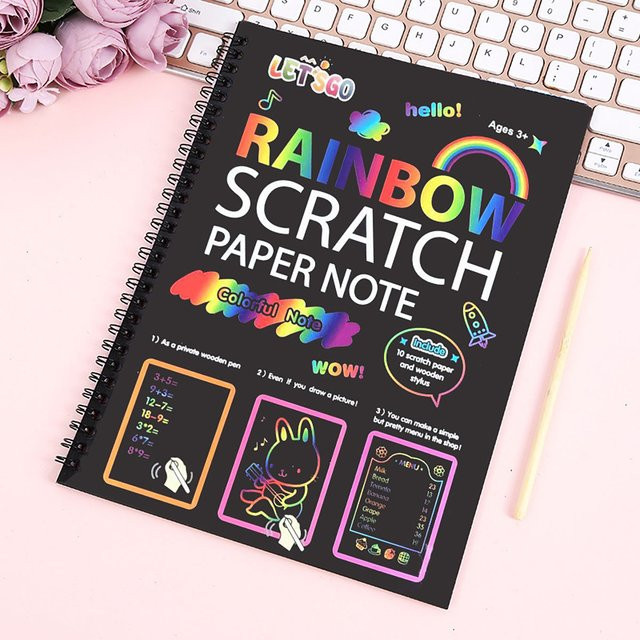 2er-Pack Regenbogen-Kratzpapier für Kinder, DIY Neon-Kratzbuch mit Holzstab, Schwarz und Mehrfarbig - Bild 1