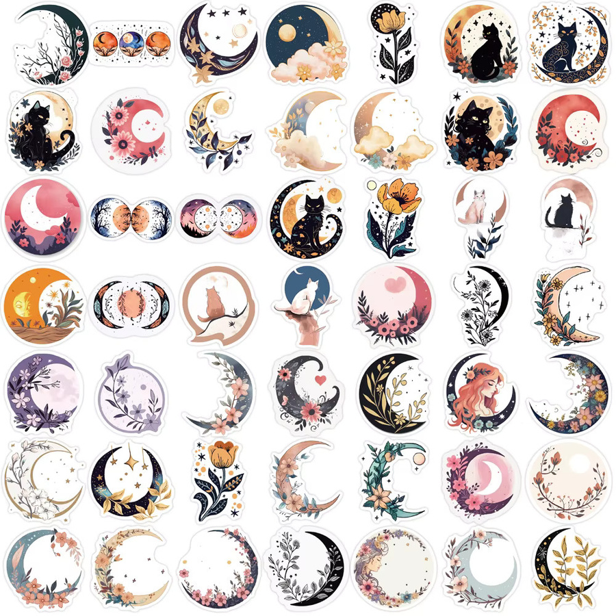 50 Stück wasserfeste Vinyl-Aufkleber mit Mond, Katze und floralen Pflanzen-Motiven in Multicolour für Wasserflaschen, Laptop und Handy - Bild 4