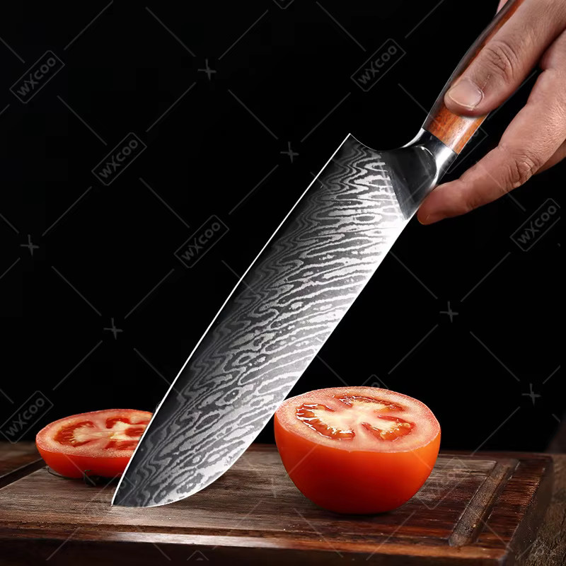 WXCOO Professionelles Santokumesser aus Damaststahl in Silber mit Holzgriff - Bild 3