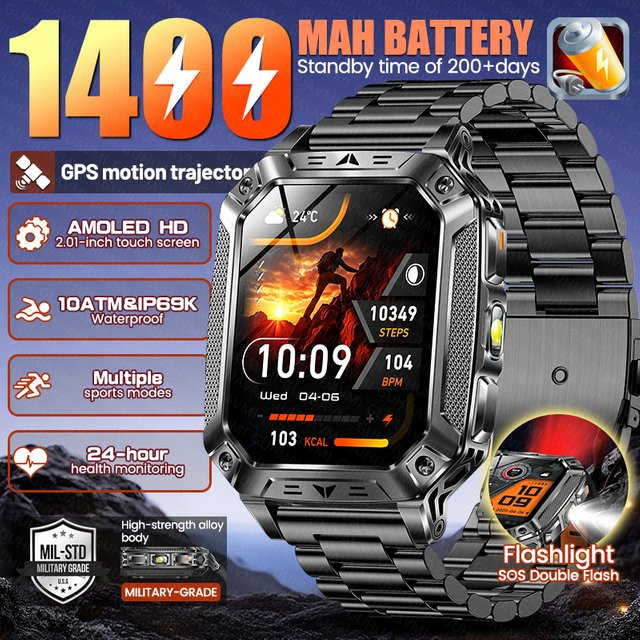 GUHUAVMI Smartwatch für Herren in Schwarz mit 2,01 Zoll AMOLED-Bildschirm, GPS, Bluetooth-Anruffunktion und 1400mAh Akku - Bild 1