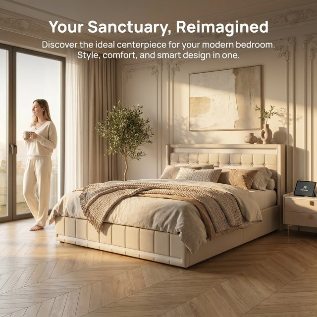 Superaly Polsterbett mit LED-Beleuchtung und USB-Ladefunktion, Doppelbett mit 4 Schubladen aus Leinen in Beige, B/T: 160 x 200 cm - Bild 1