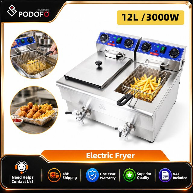 Podofo Elektrische Doppel-Tischfritteuse aus Edelstahl mit 2 x 12L Behältern, 3000W, Silber - Bild 1