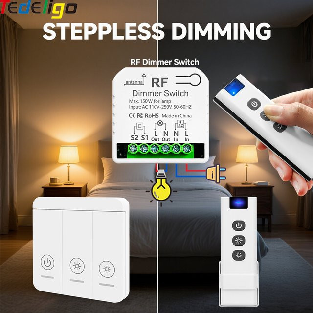 Tedeligo LED-Dimmerschalter 433 MHz 220 V in Weiß mit 2-Wege-Steuerung und Drucktastenschalter für 10–150 W LED und Halogen - Bild 1