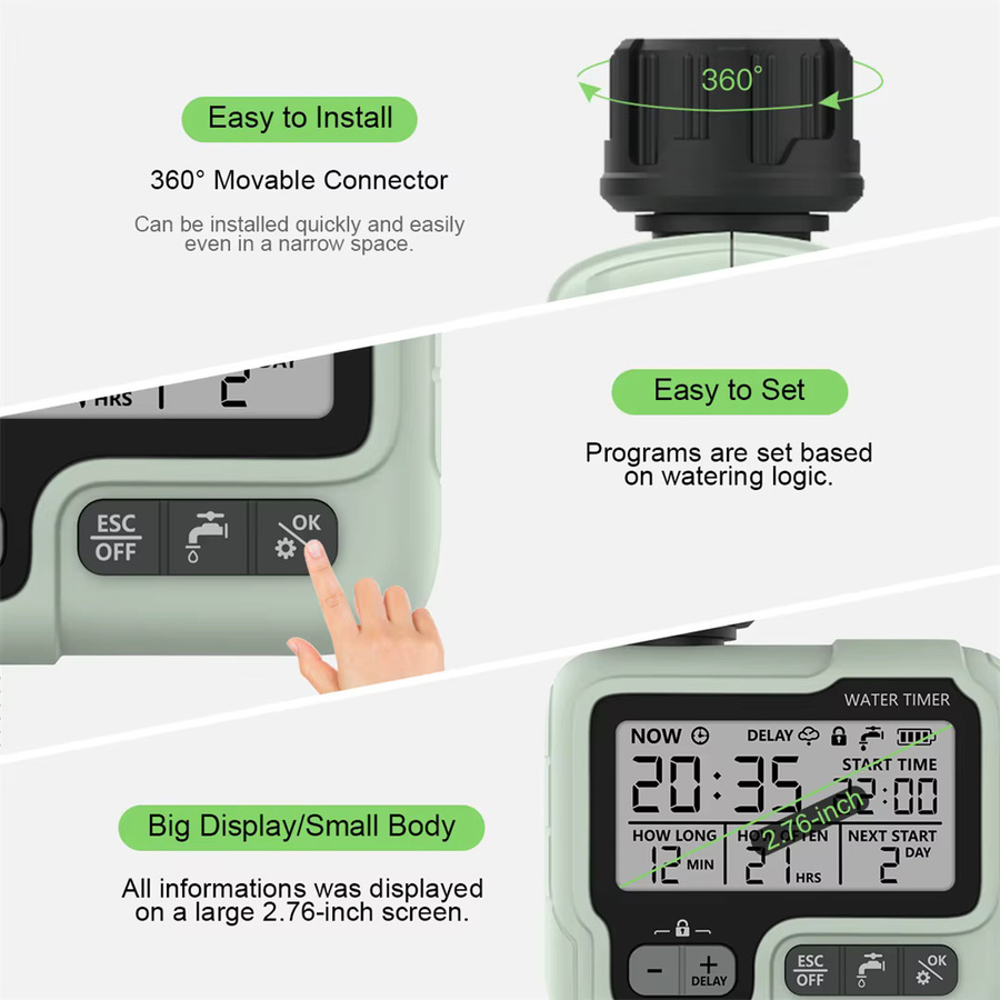 HCT-322 Digitaler Bewässerungstimer mit LCD-Display, Intelligente Gartenbewässerung für den Außenbereich, Grün - Bild 3