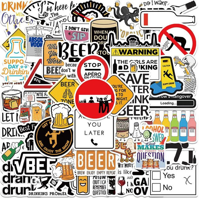 50 Stück wasserfeste Aufkleber Set mit lustigen Alkoholismus Wodka und Bier Motiven von Binchi Outdoor Product in Mehrfarbig für Laptop Helm Koffer und Fahrrad - Bild 1