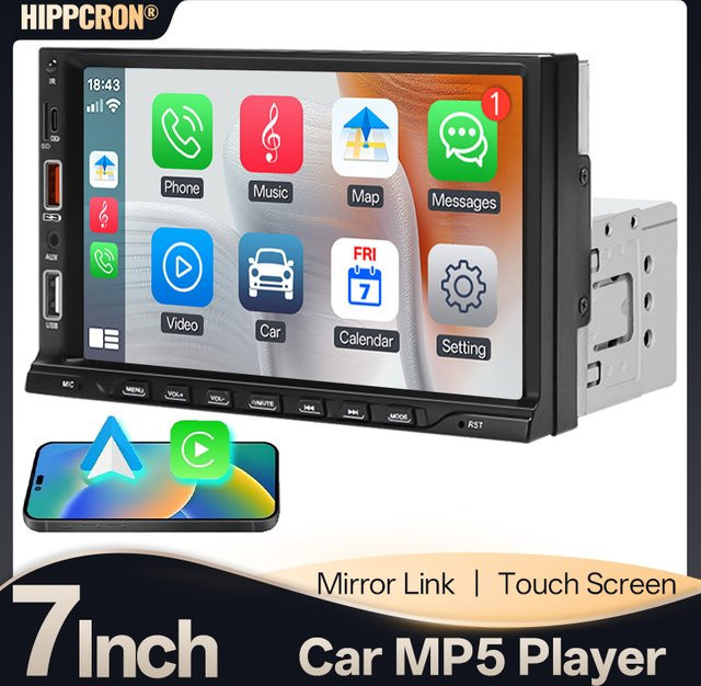 Hippcron 7-Zoll 1Din MP5 Multimedia-Autoradio in Schwarz mit Carplay, Android Auto, Bluetooth, USB, AUX, TF und Mirror Link - Bild 1