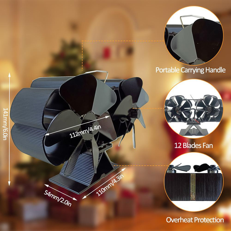 Meterk Holzofenventilator mit Thermometer, wärmebetriebener Kaminventilator mit zwei 4-Flügel-Einheiten, schwarz - Bild 6