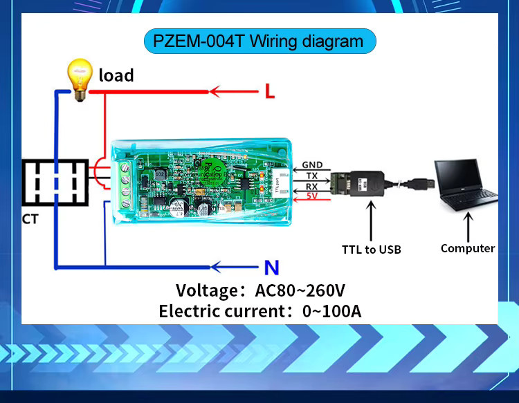 Peacefair PZEM 004T 4.0 Einphasen-Wattmeter Kwh-Messgerät mit TTL Modbus-RTU für 220 V in Transparent - Bild 2