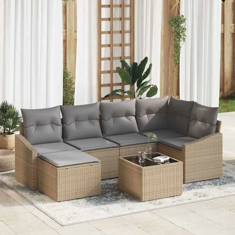 Vidaxl Garten Essgruppe aus Polyrattan mit 7 Teilen und Kissen in Beige und Grau mit integriertem Speicher - Bild 1