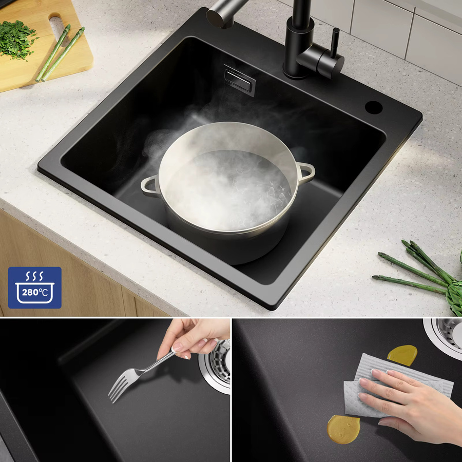 CECIPA max Küchenspüle aus Quarzkomposit in Schwarz, Einbauspüle mit Siphon und Abflussgarnitur, B/T/H: 45 x 45 x 45 cm - Bild 6