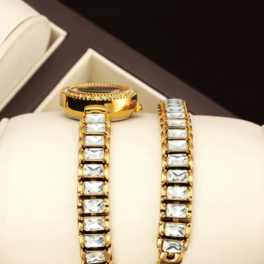 YaLaLuSi Armbanduhr, Analoguhr, Edelstahl, Gold, Schwarz, Diamantbesetzt, Damen - Bild 3