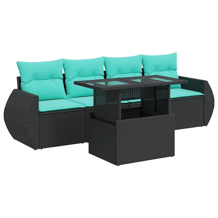 vidaXL 5-teilige Garten-Sofagarnitur aus Poly-Rattan und Akazienholz in Schwarz mit Kissen - Bild 2