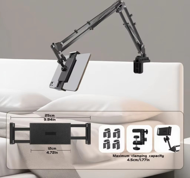 Whxmsh Verstellbarer Bett-Tablet-Halter in Schwarz mit drehbarem langen Arm und Klemme für 4,7-13 Zoll Geräte wie iPad Mini Air Pro - Bild 1