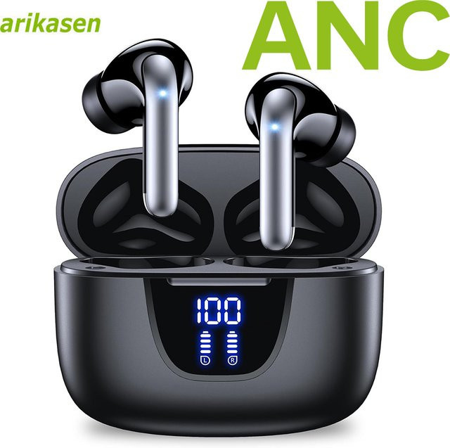 Arikasen ANC Bluetooth-Kopfhörer mit aktiver Geräuschunterdrückung, kabellose TWS-Ohrhörer mit LED-Anzeige in Schwarz - Bild 1