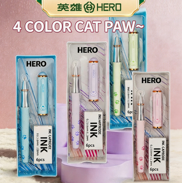 Hero 360M Magnetischer Füllfederhalter mit Katzen-Clip und radierbarer Tinte, 0,38mm Iridium-Spitze, Kunststoff und Metall, Blau oder Pink - Bild 1
