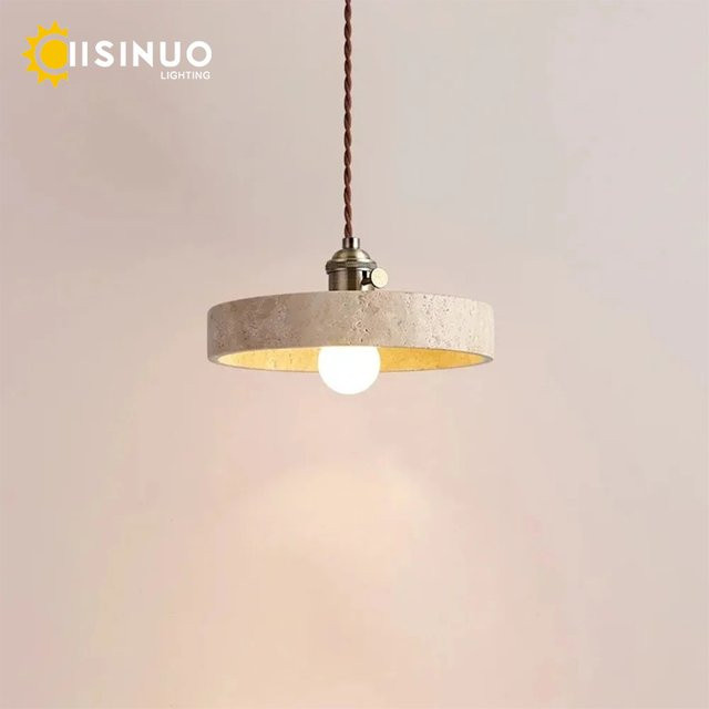 IISINUO Pendelleuchte aus gelbem Travertinstein im Wabi Sabi Stil, minimalistische Hängeleuchte für Wohnzimmer, Schlafzimmer und Flur, Farbe: Gelb/Beige, Durchmesser: 21 cm, E14 Fassung - Bild 1