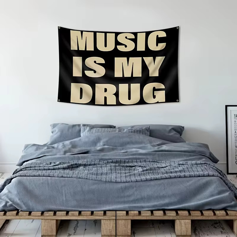 VIKAMA Retro Wandteppich mit Aufschrift MUSIC IS MY DRUG in Multicolour, Breite: 60 cm, Höhe: 40 cm - Bild 4