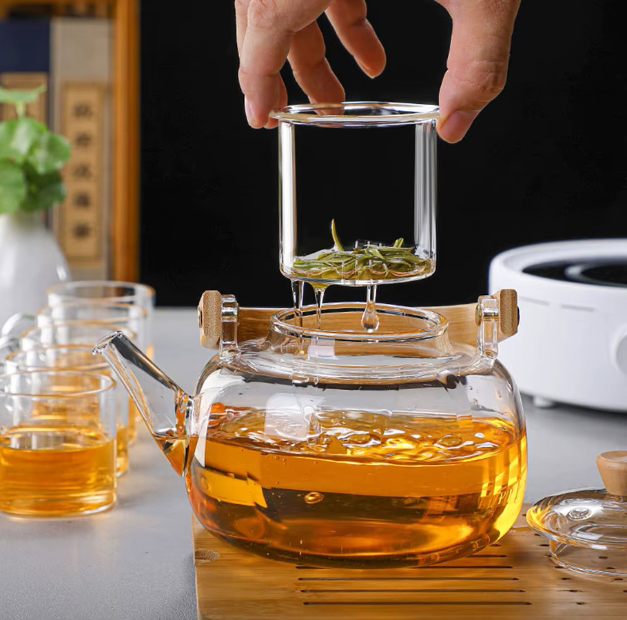 YWDL Glas-Teekanne mit herausnehmbarem Sieb und Bambusgriff, transparent, 1 l - Bild 3