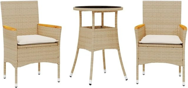 vidaXL 3-teilige Garten-Essgruppe aus Polyrattan und Glas in Beige mit Kissen - Bild 1