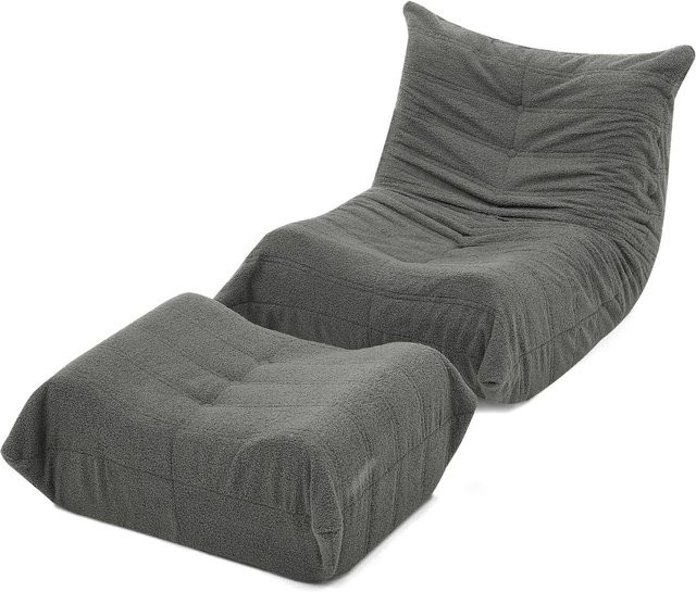 PXloue Stoffsofa mit Rückenlehne und Fußhocker aus Teddyfell und Schaumstoff, Relaxsessel für dein Wohnzimmer in Grün, Grau oder Beige - Bild 1