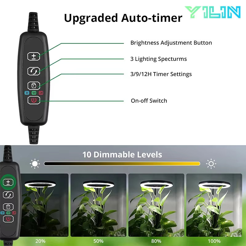 YILIN LED Ring Pflanzenlampe in Weiß mit Vollspektrum, dimmbar und mit Timer für Zimmerpflanzen und Blumen - Bild 3
