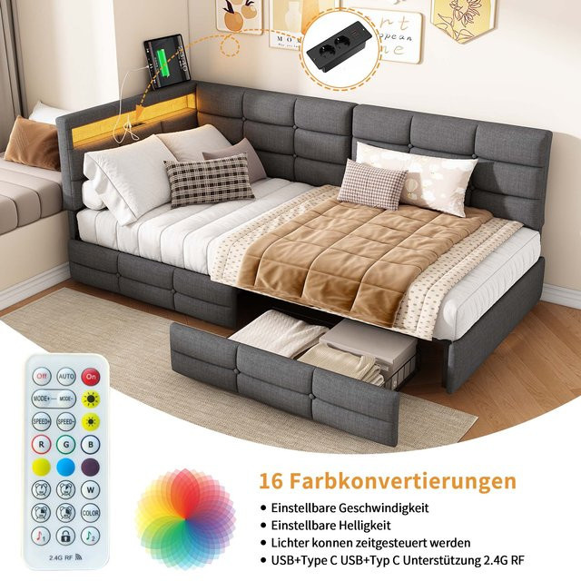 Rosahqnda Schlafsofa mit LED-Beleuchtung und USB-Anschluss, gepolstertes Einzelbett mit Schubladen und hydraulischem Mechanismus, Grau, B/T/H: 90 x 200 cm - Bild 1