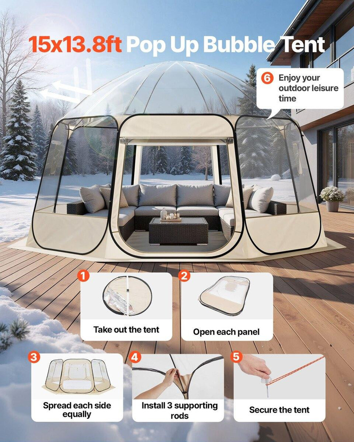 Buying Solutions, MB Pop-up Blasen Zelt Kuppel in Beige und Transparent, Wasserdicht & UV-Beständig, Outdoor Campingzelt mit Fenstern und 540° Panorama-Sicht, B/T/H: 458 x 432 x 230 cm - Bild 3