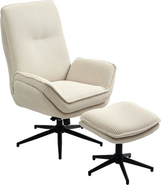 HOMCOM Relaxsessel mit Hocker in Beige mit Cord-Optik, 360 Grad drehbar und mit Liegefunktion - Bild 1