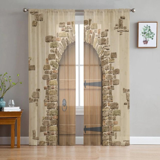 Yiran Furniture Transparentes Voile-Vorhang mit grünem Blätter- und Naturmuster, Farbe: Grün/Beige, B: 135 cm, H: 115 cm - Bild 1