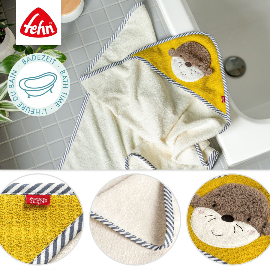 Fehn 2-teiliges Bade-Set für Babys mit Kapuzenbadetuch und Badetier in Beige und Gelb mit Otter-Motiv - Bild 4