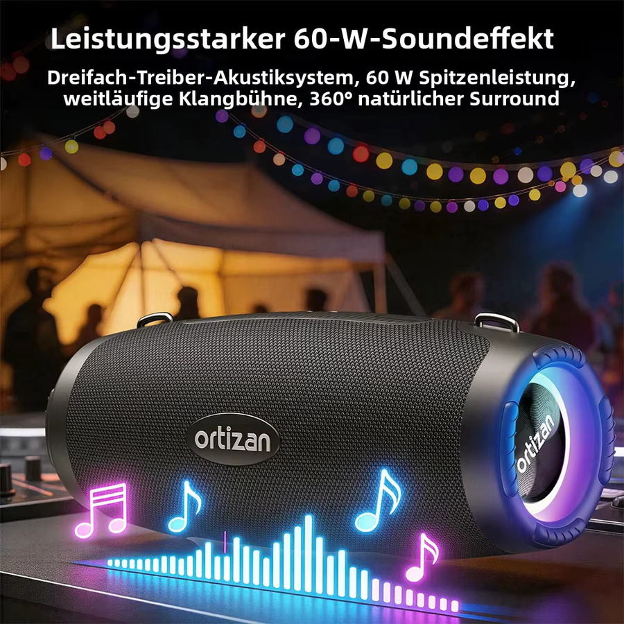 Ortizan M8 Kabelloser Bluetooth-Lautsprecher mit 60W Leistung, IP67 wasserdicht, Partybeleuchtung und Auracas Sync 100+, Schwarz - Bild 3