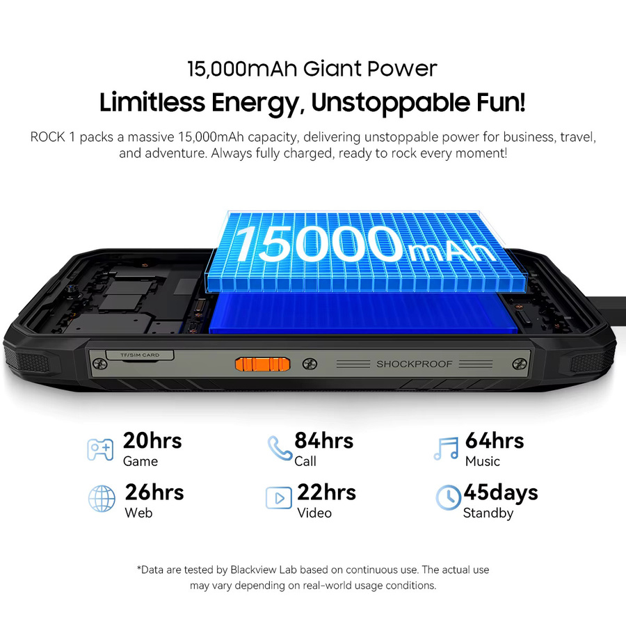 Blackview Rock 1 Outdoor-Smartphone mit Android 16, 256 GB Speicher, 15000mAh Akku und 6,56 Zoll HD+ Display, IP69K & IP68 zertifiziert, Schwarz - Bild 6