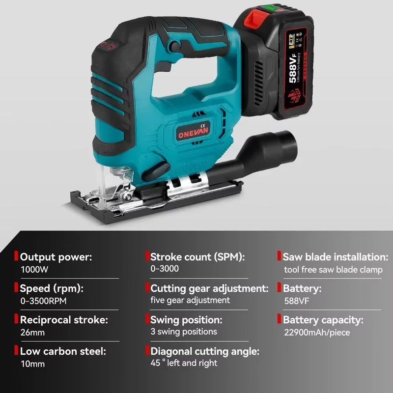 ONEVAN kabellose bürstenlose Stichsäge 1000 W mit 3500 U/min für Makita 18 V Akkus - Bild 2