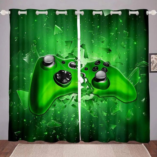 A Family Of Home Textiles Gamer Gamepad Fenstervorhänge mit 3D-Digitaldruck, Grün, B: 50 cm, H: 130 cm, 2 Stück - Bild 1