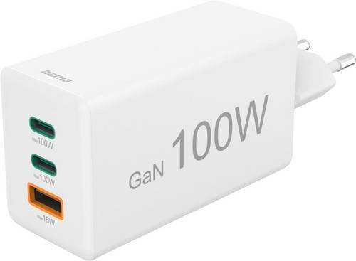 Hama GaN Schnellladegerät mit 100 W, 2x USB-C und 1x USB-A, Weiß - Bild 1