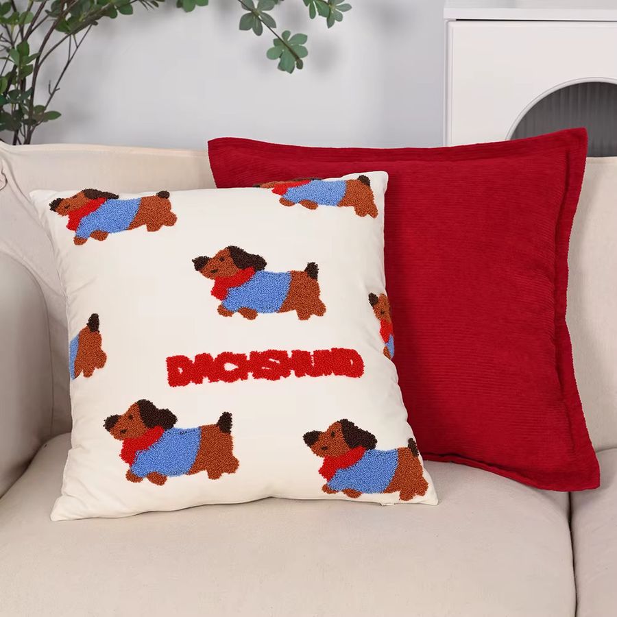 BUYNOW Kissenbezug mit Hund-Stickerei aus Cord in Dunkelrot für Sofa und Bett - Bild 2