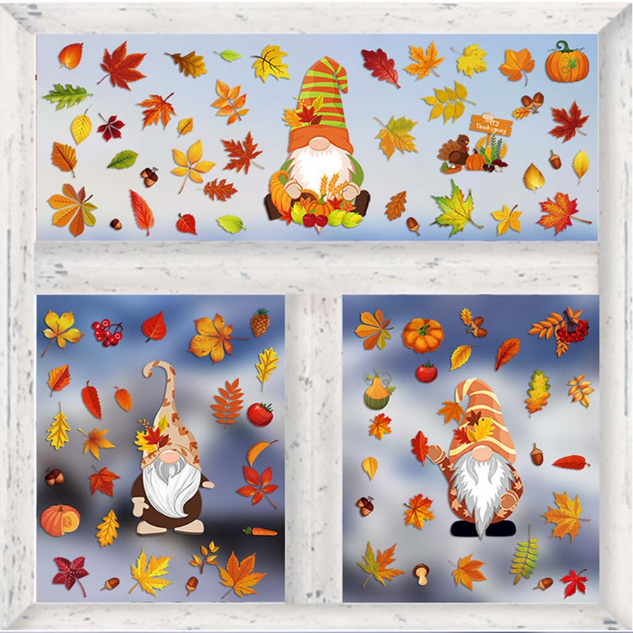 6er Set Herbstliche Fensteraufkleber mit Gnom, Kürbis, Ahornblättern und Tannenzapfen, Elektrostatische Wanddekoration für Thanksgiving, Mehrfarbig - Bild 3