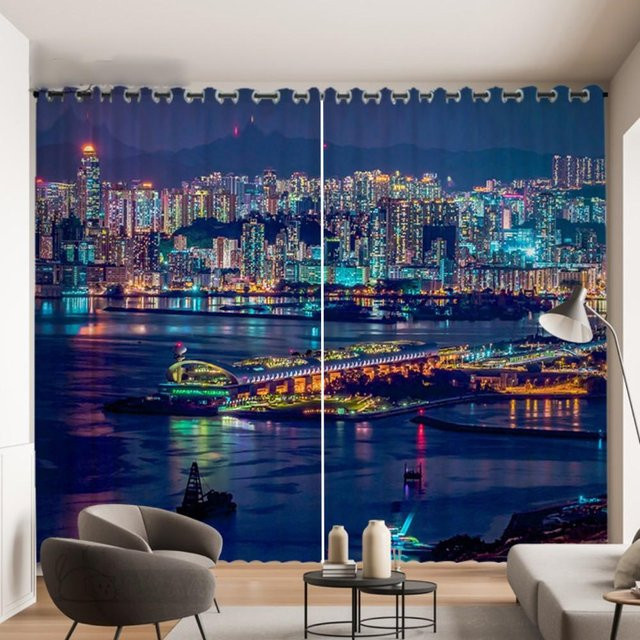 Yiran Furniture Vorhang mit Hongkong Stadt Nachtansicht in Multicolour, 2er-Set aus Polyester, semi-transparent, Höhe: 100 cm, Breite: 50 cm - Bild 1