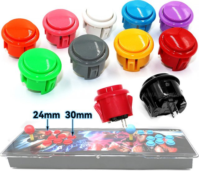 10 Stück Sanwa Arcade Push Button Mikroschalter in 24mm und 30mm für Controller und Konsolen, Mehrfarbig - Bild 1