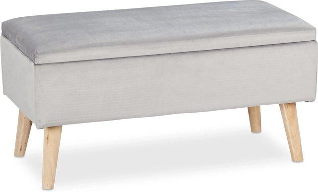 Relaxdays Sitzbank aus Samt und Eukalyptusholz in Hellgrau mit Stauraum, B/T/H: 80 x 40 x 41 cm - Bild 1