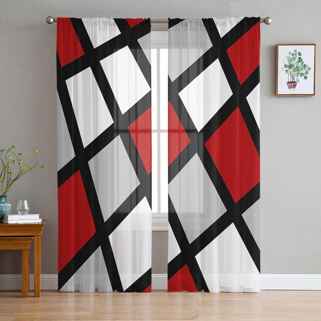 Transparentes Chiffon-Voile-Vorhang mit dunkelgrüner Dreieck-Grafik für Wohnzimmer und Schlafzimmer, Breite: 100 cm, Höhe: 250 cm - Bild 1