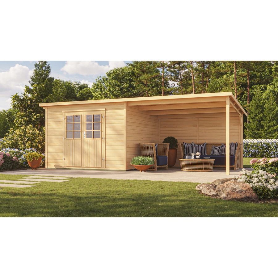 Weka Holz-Gartenhaus Como in Natur mit Anbaudach und Pultdach aus Fichtenholz, B: 598 cm, T: 300 cm, H: 303 cm - Bild 2
