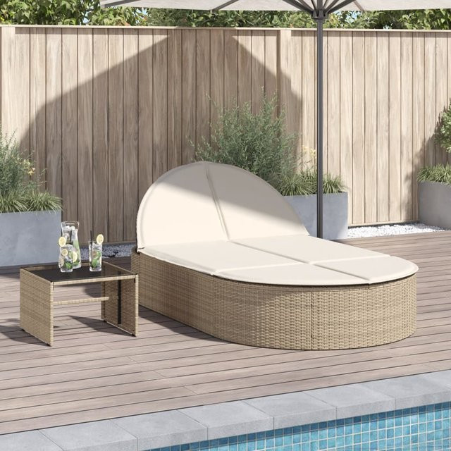 vidaXL Doppel-Sonnenliege aus Polyrattan mit verstellbarer Rückenlehne und Auflagen in Beige/Cremeweiß - Bild 2