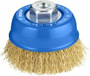 Bosch Topfbürste aus Messing mit gewelltem Draht, Durchmesser: 75 mm, Drahtstärke: 0,3 mm, M10 Gewinde, Farbe: Gold - Bild 1