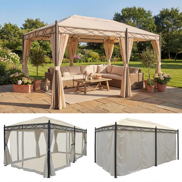 MCW Pergola Calpe Garten Pavillon Creme mit Seitenwand und Moskitonetz B/T: 500 x 300 cm - Bild 1