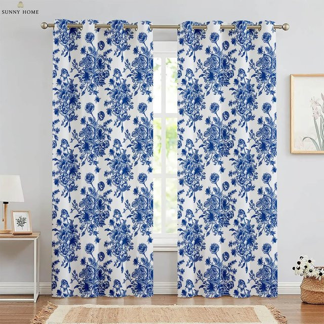 2er-Set Dekorative Vorhänge mit Aquarell Blumenmuster in Blau, Pastoraler Stil aus Polyester, halbtransparent, Breite: 50 cm, Höhe: 140 cm - Bild 1