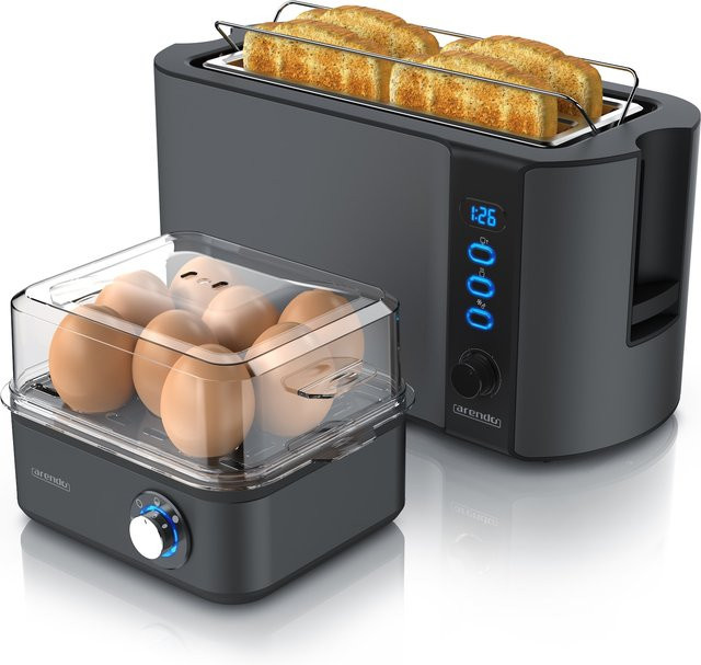 Arendo 2-teiliges Frühstücksset in Grau bestehend aus einem 4-Scheiben Langschlitz Toaster und einem 8er Eierkocher - Bild 1