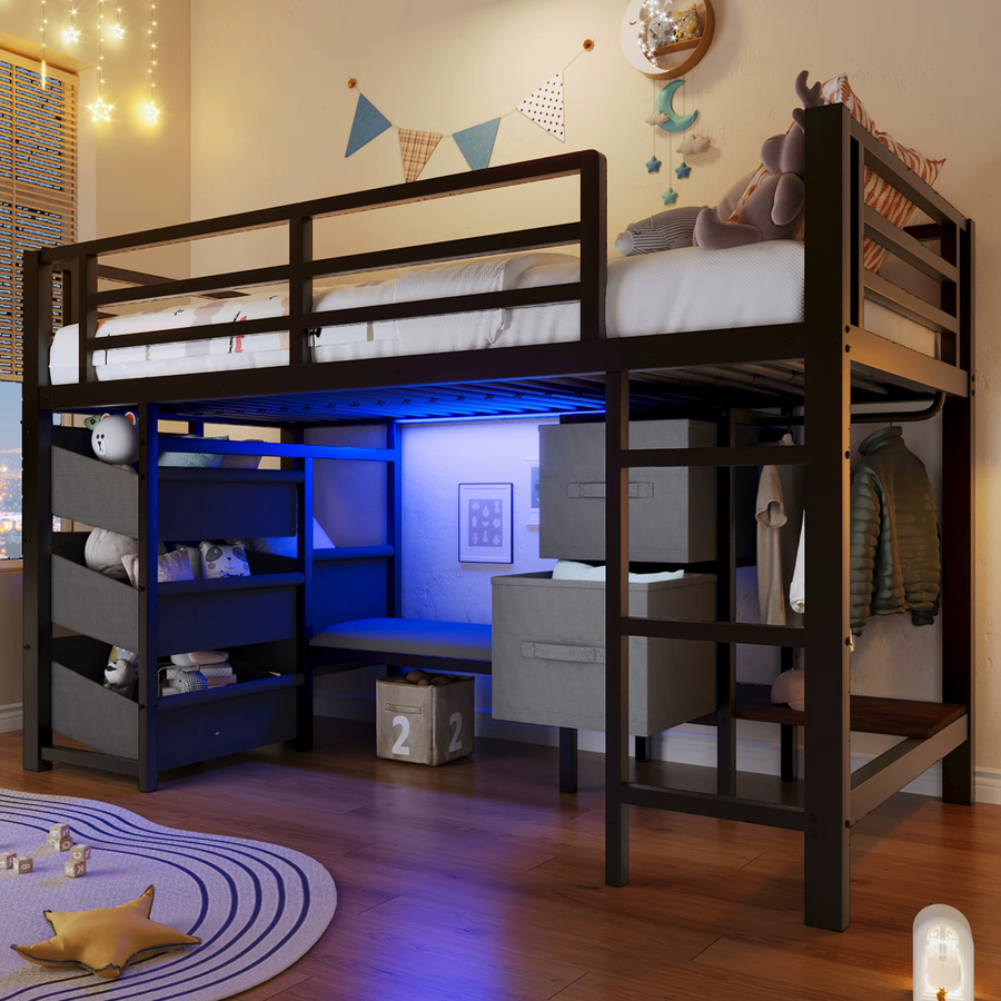 Jugacool Hochbett mit Treppe und LED-Beleuchtung in Schwarz, B/T: 90 x 200 cm - Bild 2